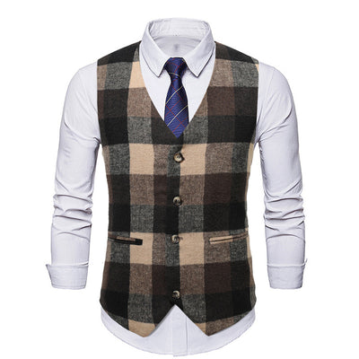 Men's European Size Suit Vest Four Seasons New Fashion Casual British Plaid Print Business Dress Single Breasted Men's Suit Vest