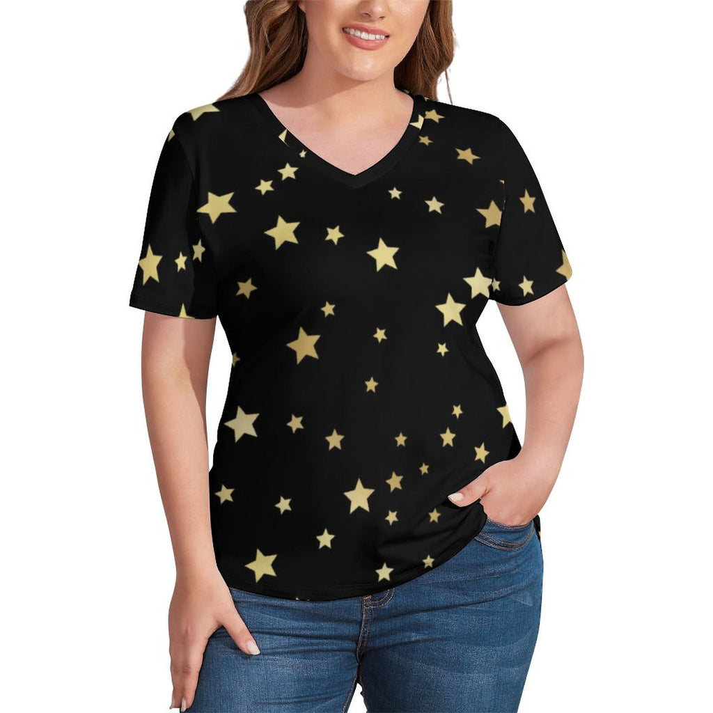 Red White Blue Star T Shirt Plus Size Patriotic USA Flag Cute T-Shirts Short-Sleeve V Neck Casual Tshirt Women Sexy Graphic Tops