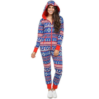 AHVIT Two Color Printed Chirstmas Romper Long Sleeve Hooded Slim Fit Zipper Fashion Women Jumpsuits YC-J1635