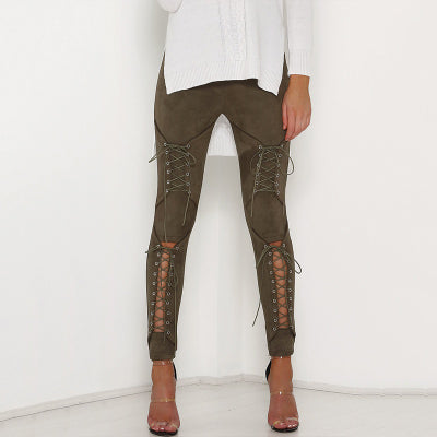 Fashion Lace Up Cut Out Trousers for Women Suede Leather Pencil Pants New Sexy Bandage Legging Pants Hollow Out Women's Pantalon