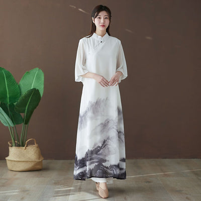 2021 Chinese Style Dress Cheongsam Collar Shirt Vestido Women'S Summer Sundress Female Robe Vintage Femme Print Maxi Dress 11176