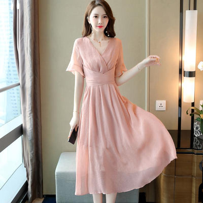 Summer Short Sleeve Slim Thin V-neck Ankle-length A-line Pink Blue Black Chiffon Simple Fashion Women Dress Vestidos