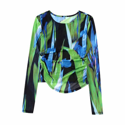 Women Fashion Pleated Printed Tulle Cropped Shirt Tops Suits High Waist Lace Up Pant Two Piece Set 2022 Office Lady Streetwear