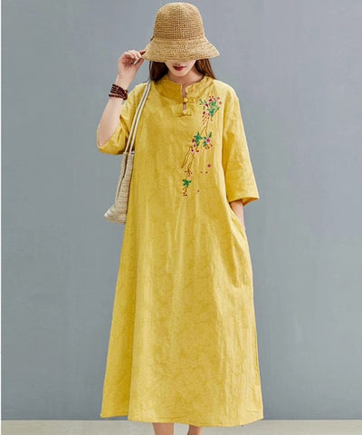 Cotton Linen Dresses Summer 2021 Embroidery Robe Vintage Femme Chinese Style Clothing Women Oriental Chinese Dress Qipao 11789