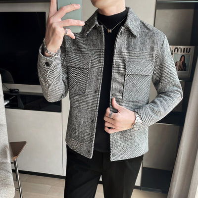 2021 Autumn Winter Man Woolen Jacket Coat Plaid Trench Coat Turn-down Collar Thickening Man Fashion Casual Woolen Jackets B621