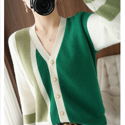 Gaganight Women Patchwork Color Cardigan Spring Autumn Knitted Fashion Office Lady Kardigan V Neck Jumpers Single Breasted Tops