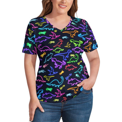 Funny Dinosaurs T Shirt Colorful Animal Print Aesthetic T-Shirts V Neck Short Sleeve Tops Street Wear Top Tees Plus Size 4XL