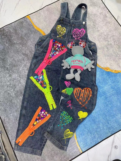 Street Tide Brand Summer New Heavy-Duty Denim Suspender Pants Women&#39;s Beaded Zipper Cartoon Decoration Casual Suspender Trousers