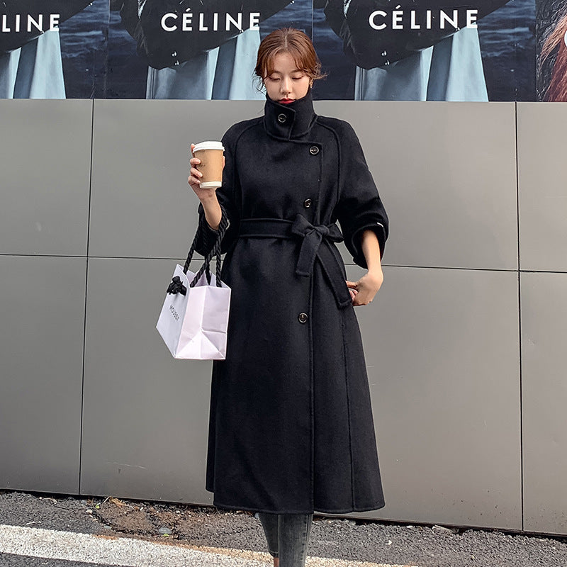 2022 New Korean Wool Coat Women Elegant Cashmere trench Coat with sashes real woolen Outerwear