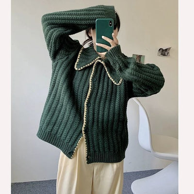 Knitted Cardigan Tops Women Full Sleeve Korean Sweater Jumpers Solid Vintage Elegant Ladies Knitwear