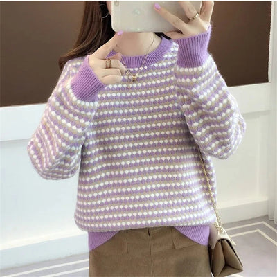 Sueter Feminino Women Pullovers And Sweaters Elegant O Neck Dot Computer Knitted Jumper Fall Winter Stripe Base Knitting Tops