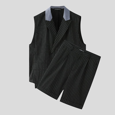 INCERUN Fashion Men Sets Striped Patchwork Sleeveless Button Vests & Shorts 2PCS Streetwear 2022 Loose Men Casual Suits S-5XL