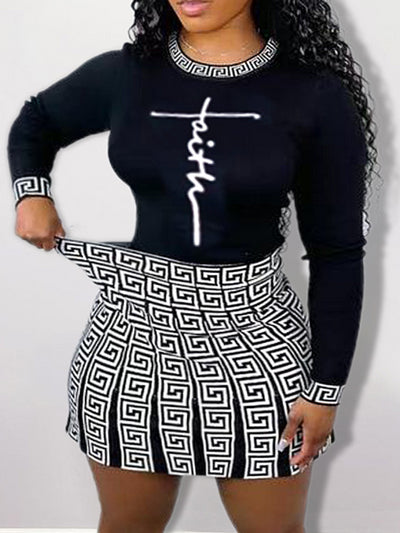 LW Plus Size Geometric Faith Letter Print Skirt Set Round Neck Long Sleeve+ Positioning Print Short Skirt 2pcs women autumn suit