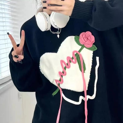 Long Sleeve Floral Three Dimensional Decoration Women's Clothing O-Neck Appliques Preppy Style Thick Autumn Winter Pullovers