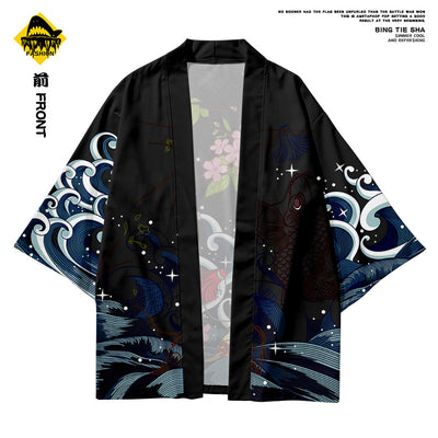 Japanese Carp Leaping Over The Dragon Gate 3D Printing Kimono Cardigan Pants Set Men Black Kimono Cardigan Women Plus Size 6XL