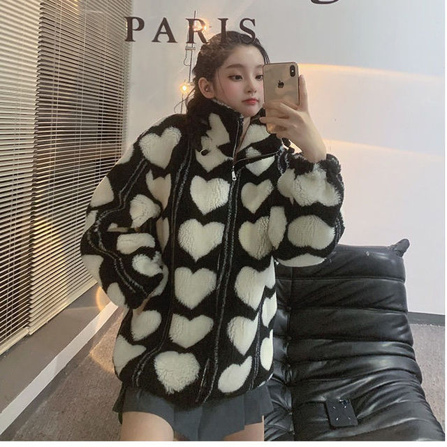 Heart Print Women Jacket Winter Warm Zipper Hooded Flannel Parka Harajuku Lambswool Sherpa Streetwear Loose Hoodie Coat