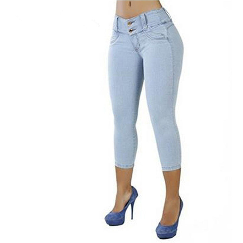 2022 Women Sexy Casual Cropped Pants Solid Color Button  Waist Slim Trousers Breathable Elastic Pencil Pants