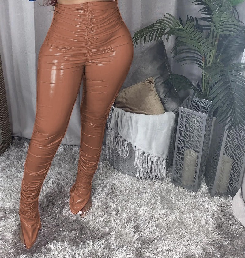 Red Thick Fleece Warm PU Leather Pants Pleated Ruched Pleated Stacked Pants Flare Split Club Trousers Legging Partywear New 2021