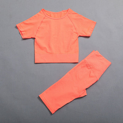2Pcs Seamless Yoga Set Women Gym Fitness Yoga Suit High Waist Shorts Short Sleeve Crop Top Running Shorts Workout Tracksuit