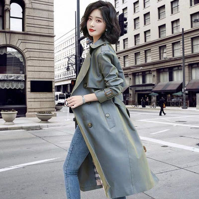 Trench Women's Middle Long Korean Version 2021 New Over Knee Double Breasted Slim Temperament Early Spring and Autumn Coat Woman