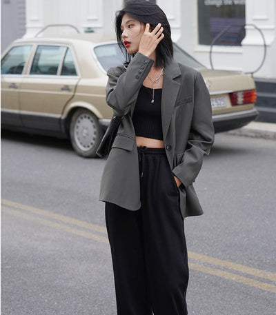 Zadily 2022 Autum Oversize Long Sleeve Gray Women Blazer Unisex Style Solid BF Loose Suit Blazers Winter Female Clothing Coat