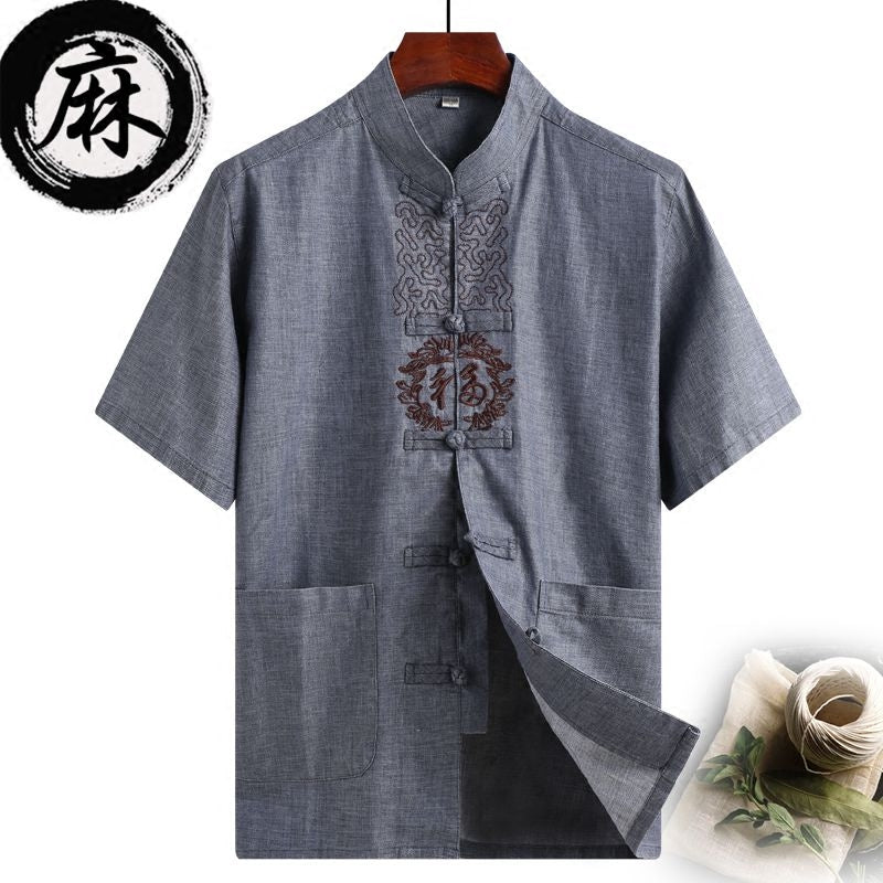 2022 Traditional Chinese Men&#39;s Shirt Retro Casual Linen Short Sleeved Tang Suit Tai Chi  Martial Arts Tops Summer Clothes