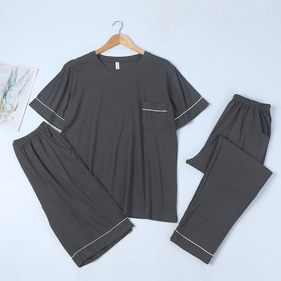 Male Modal Pajamas Suit Men Summer Short Sleeve Comfortable Loose Casual Three Piece Set Novelty Masculino Roupa Pyjamas Suit