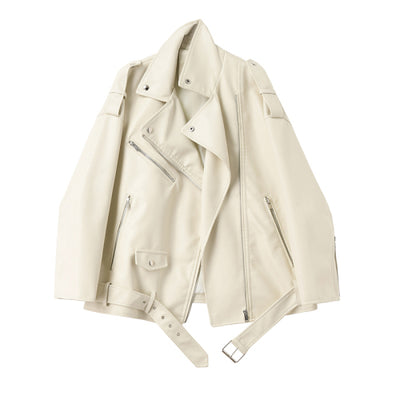Ailegogo New Spring Autumn Faux Leather Jackets with Belt Women New Loose Casual Coat Female Drop-shoulder Moto Biker Outwear