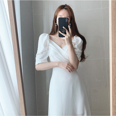 Summer Korean Chic Women Solid Dresses French Style V-neck High Waist Short Puff Sleeve Chiffon Dress Female Elagant Party Dress