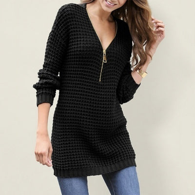 Autumn 2021 Women's Long-sleeve Sweater Women's European and American Mid-length Pullover Zip-up V-neck Sweater Dress