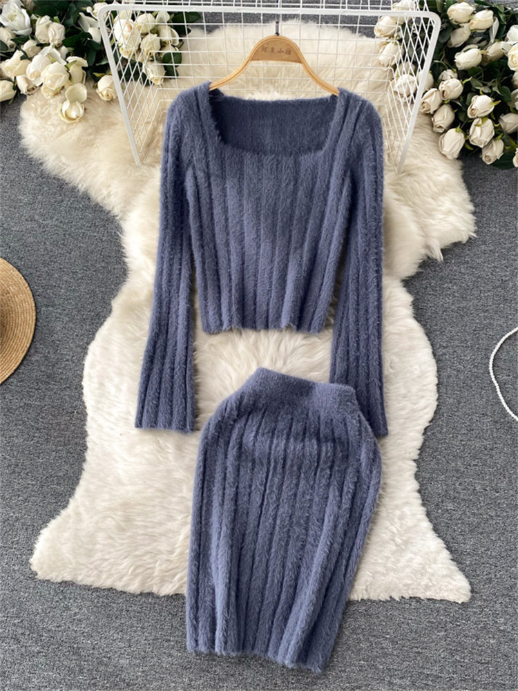 New Soft Mohair Sweater Skirt Suits Female Autumn Sexy Slim Bodycon Skirt Two Piece Set Women Square collar Knitted 2 Piece Sets
