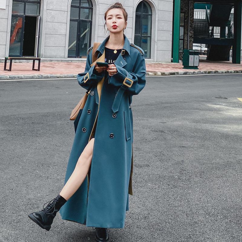 Blue Trench Women&#39;s Middle Long British Style 2021 Autumn Waist Over Knee Coat Double Breasted Lace Up Coat Women&#39;s Coat Fashion