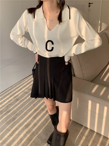 WAKUTA Ins 2021 Elegant Casual Woman Sweaters Korean Fall V Neck White Black Loose Letter Printed Knitted Pullovers All Match