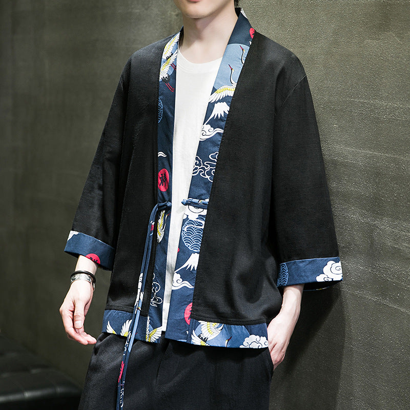Chinese Style Spring Summer Stripe Shirt Men Vintage Long Sleeve Blouse Fashion Tang Suit Harajuku Kimono Cardigan Yukata M-5XL
