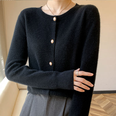 Merino Wool Knitted Cardigan Women's Senior Pearl Button Long-Sleeved Top Loose Simple Solid Color Sweaters Spring Autumn Basic