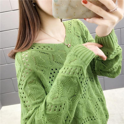 Spring Autumn Solid Hollow Out Jumper Women V-neck Elegant Fashion All-match Pullover Korean Style Sweet Sweater Female Clothes