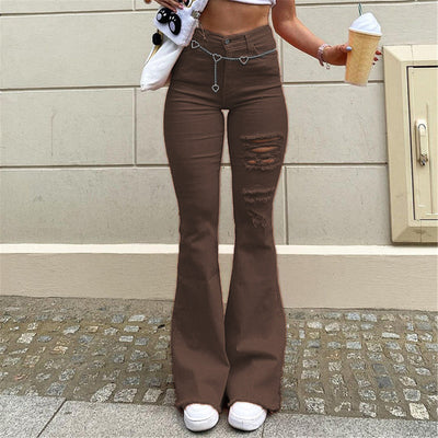 Slim Waist Color Women Hole Jeans Pocket High Elastic Slim Denim Pants Solid Women's Jeans