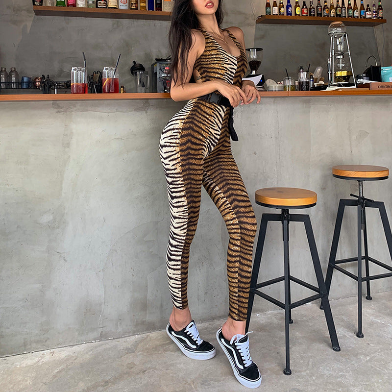 Sexy Women Tiger skin stripes print Backless Cross Halter Sleeveless High waist Long Jumpsuits Playsuits Rompers Club party wear