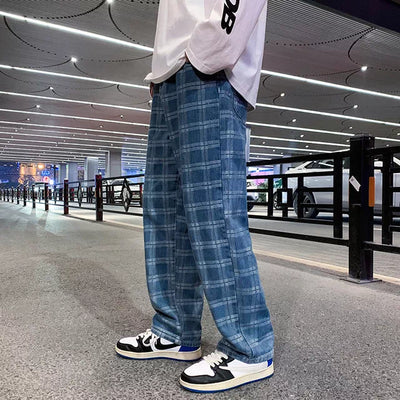 2022 Spring New Korean Fashion Wide Leg Jean Y2k Printing Denim Pants Male Brand Clothes Plaid Blue Baggy Jeans