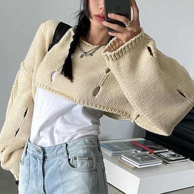 Sweater Fashion Women Hollow Out Crop Top Knitwear Loose Casual High Street Boat Neck Smock Pullover Harajuku ANDYSW1482