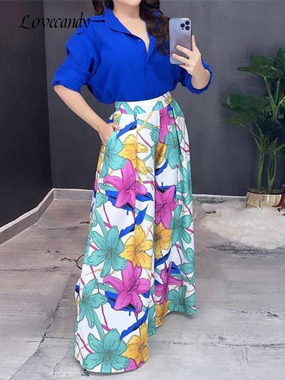 Flower Printed High Streetwear Fashion Blue Lapel Long Sleeve Top Shirt Wide Leg Pants Two Piece Suit Office Ladies Casual Set