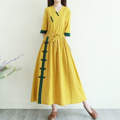 2021 Chinese Style Ethnic Vintage Women Cotton Linen V-Neck Robe Maxi Dress Vestidos Loose Femme Large Plus Size Dresses 10708