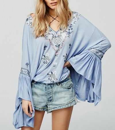 Boho Blouse 2017 floral embroidered flare long sleeve v-neck Casual holiday chic Bohemia loose style women top Hippie Blouses