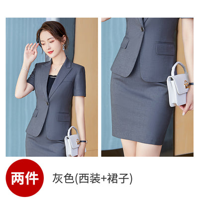 Summer Short Sleeve One Button Business Wear White Collar Work Uniforms Two-Piece Set Formal Wear Gray Suit