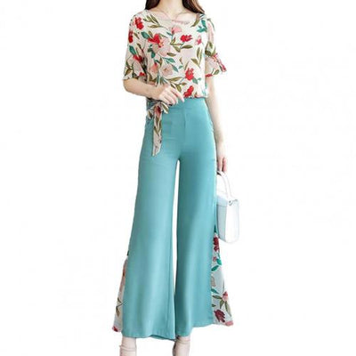 Women Two Piece Set Femme Flower Print Tops And Solid Wide Leg Long Pant Suits Ladies Plus Size 3XL Slim Tracksuit