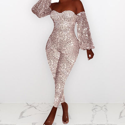 AHVIT Autumn Winter New Style Sequined Skinny Women Jumpsuits Long Lantern Sleeve Slash Neck Fashion Party Romper ME-Q331