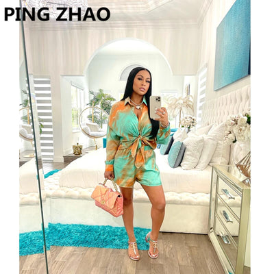 PING ZHAO  Women Two Piece Set Tie Dye Printed Shirt Set Long Sleeve Button Up Shirt &amp; Shorts Set Casual Autumn Outfits