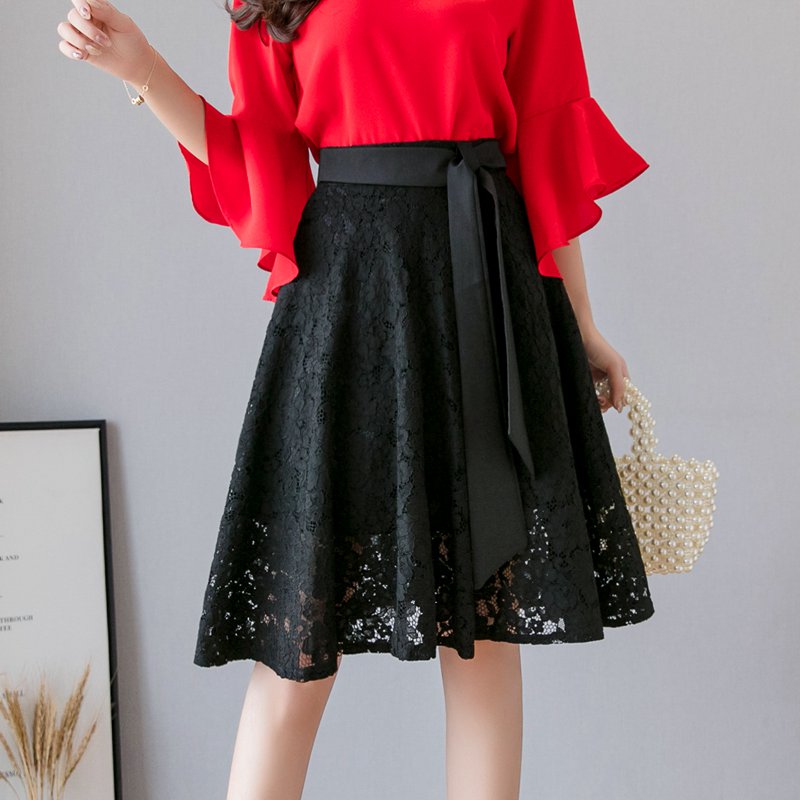 Oversized Lace Pleated Skirts Womens 2022 Sexy Summer Midi Knee Length Korean Elegant High Waist Skirt Casual Office Lady Skirts