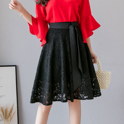 Oversized Lace Pleated Skirts Womens 2022 Sexy Summer Midi Knee Length Korean Elegant High Waist Skirt Casual Office Lady Skirts