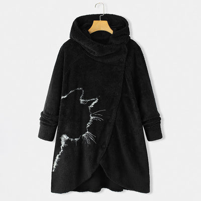 Winter Plush Hooded Coat Women Cute Cat Printed Long Sleeve Button Plush Hooded Winter Loose Cardigan Wool Coat Jacket